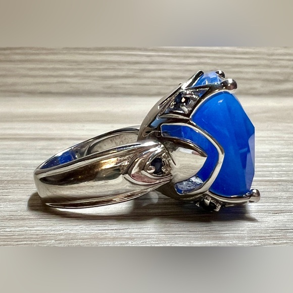 Vintage Designer Signed (SX) Sterling Silver Blue Jade & Sapphire Ring, Size 6 - Picture 6 of 14